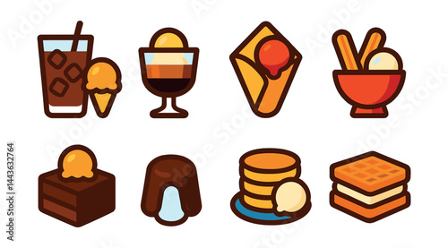 Flat vector icons of frozen dessert pairings: iced coffee and scoop, affogato in glass, crepe with gelato, churro bowl with ice cream, warm brownie and scoop, molten cake with frozen core, pancake