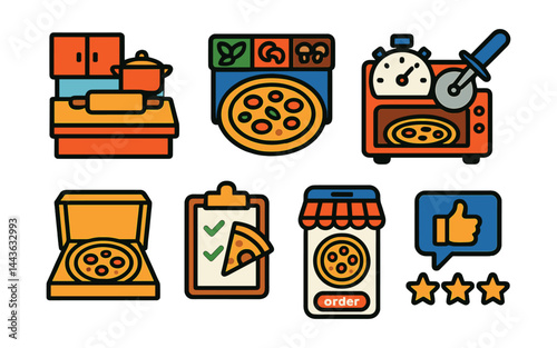 Flat vector icons of pizza business workflow: kitchen prep zone, topping station, oven timing chart, slicing station, boxing area, delivery checklist, online order screen, customer review icon.