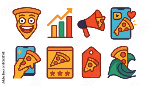 Flat vector icons of pizza culture and trends: pizza meme symbol, trending toppings chart, new flavor alert, viral pizza hack, influencer slice photo, pizza review post, pizza blog tag, pizza trend