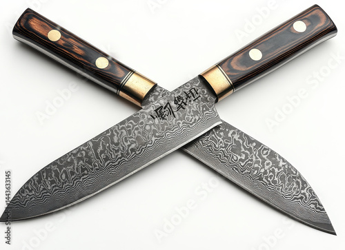 High-quality hyper-realistic image of two Ginsu knives with damascus pattern and wooden handles on pure white background