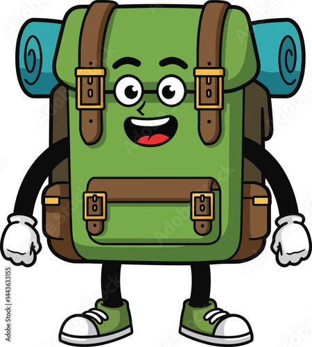 Happy green hiking backpack with straps and shoes cartoon character vector illustration