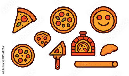 Flat vector icons of pizza art and illustration: slice doodle icon, hand-drawn topping layout, vector crust design, pizza emoji face, stylized oven drawing, pizza illustration set, pizza brush icon,