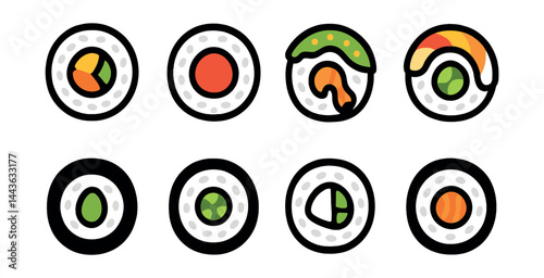 Flat vector icons of sushi rolls: California roll slice, spicy tuna roll, dragon roll, rainbow roll icon, avocado maki, cucumber roll, Philly roll with cream cheese, salmon maki roll.