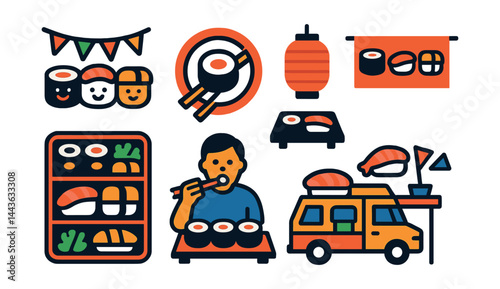Flat vector icons of sushi celebration and festivals: sushi party icon, roll-making contest badge, sushi day banner, Japanese lantern and tray, festival bento, sushi eating challenge, food truck with