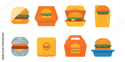 Flat vector icons of burger packaging and takeout: burger in paper wrap, branded burger box, eco cardboard clamshell, burger in paper sleeve, foil-wrapped burger, sticker-sealed pack, meal box with