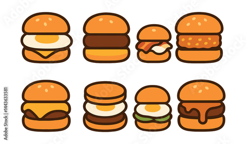 Flat vector icons of breakfast burgers: egg and cheese burger, sausage patty burger, bacon and egg slider, hash brown burger, morning melt icon, pancake bun burger, avocado egg burger, maple drizzle