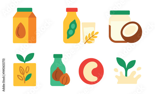 Flat vector icons of plant-based beverages: almond milk carton, soy drink bottle, oat milk glass, coconut milk in jar, rice milk label, hazelnut drink, cashew milk icon, plant milk splash.