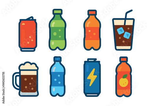 Flat vector icons of fizzy and soft drinks: cola can, lemon-lime soda bottle, orange fizzy drink, glass with ice cubes and straw, root beer mug, club soda bottle, energy drink can, carbonated fruit