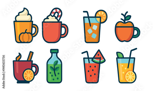 Flat vector icons of seasonal drinks: pumpkin spice latte, peppermint hot chocolate, iced summer tea, autumn apple cider, winter mulled wine, spring herbal tonic, summer watermelon smoothie, chilled
