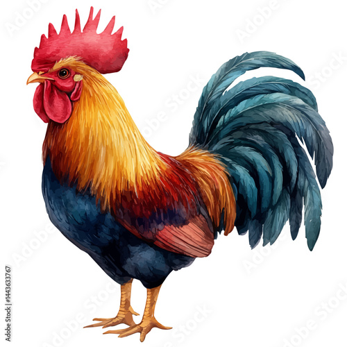 Rooster Crowing At Sunrise, vector watercolor illustration, isolated on a white background.