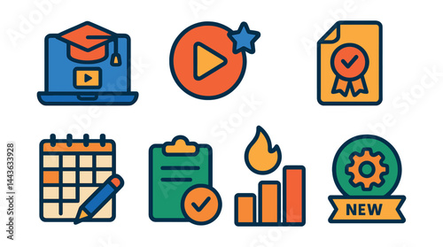 Flat vector icons of freelance job platforms: open job board, contract icon, proposal submitted symbol, client inquiry note, invitation badge, gig details card, platform fee chart, service tier tag.