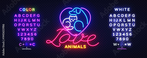 Pet logo with dog, cat, neon, animal, and shop theme in glowing colors. Brick wall background with vibrant heart shape and handwritten text.