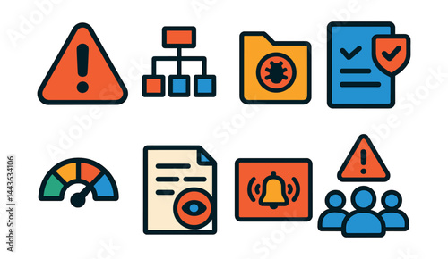 Flat vector icons of cybersecurity alerts and responses: threat alert icon, incident response chart, breach report folder, security audit checklist, risk level meter, suspicious activity log,