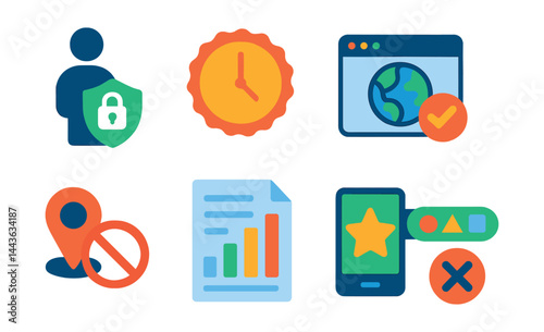 Flat vector icons of children’s online safety: parental control icon, screen time limit badge, kid-safe browser icon, content filter switch, location access block, usage report sheet, digital
