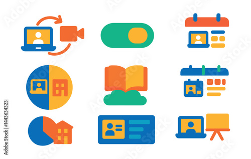 Flat vector icons of hybrid and blended learning: online and offline sync icon, recorded class toggle, flexible lesson format, hybrid calendar badge, split modality chart, classroom and cloud icon,