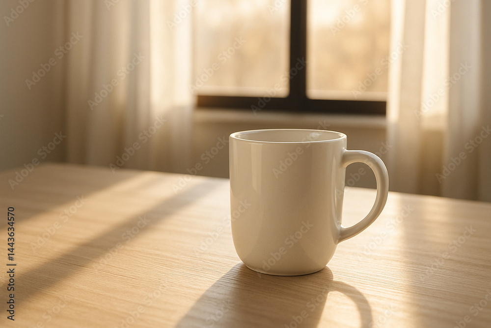 Sunlit Coffee Mug on Wooden Table Sunlit Coffee Mug on Wooden Table