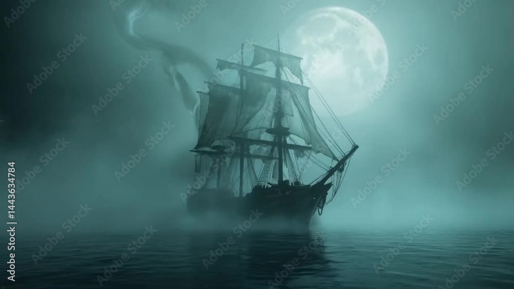 A large ship sails through a foggy sea with a full moon in the background A large ship sails through a foggy sea with a full moon in the background
