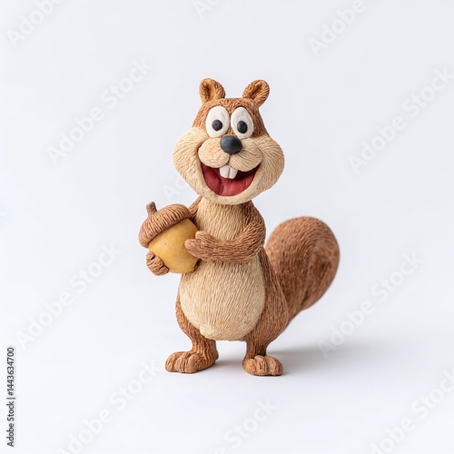 Happy squirrel holding nut made of modeling clay, isolated on white