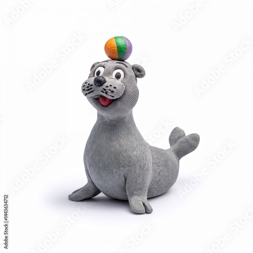 Playful seal made of modeling clay with colorful ball, isolated on white background
