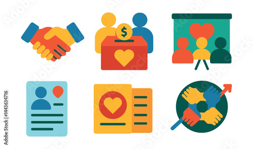 Flat vector icons of charity collaboration: charity partner handshake, joint donation campaign, shared fundraising icon, team impact board, organization profile sheet, collab event invite, charity