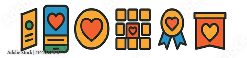 Flat vector icons of charity visibility materials: cause brochure icon, social media awareness post, charity logo badge, thank-you wall, donation story symbol, supporter badge, email campaign