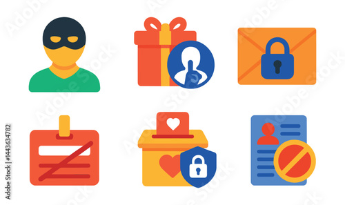 Flat vector icons of anonymous and private donations: masked donor icon, silent gift symbol, private envelope icon, no name tag, privacy-protected donation, anonymous donation box, gift without
