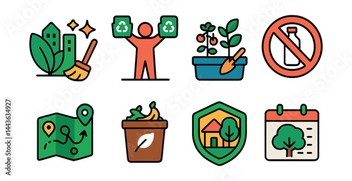 Flat vector icons of local eco campaigns: clean city poster, public recycling challenge, urban garden icon, no plastic sign, eco route map, compost awareness day, neighborhood greening badge,