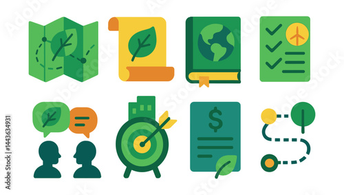 Flat vector icons of eco policy and action: sustainability strategy map, green law scroll, environmental report book, renewable energy goal tracker, public policy debate icon, clean future target,