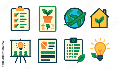 Flat vector icons of sustainable lifestyle education: eco-living checklist, how-to compost card, green travel tips icon, minimalist home icon, community workshop poster, guide to less waste,