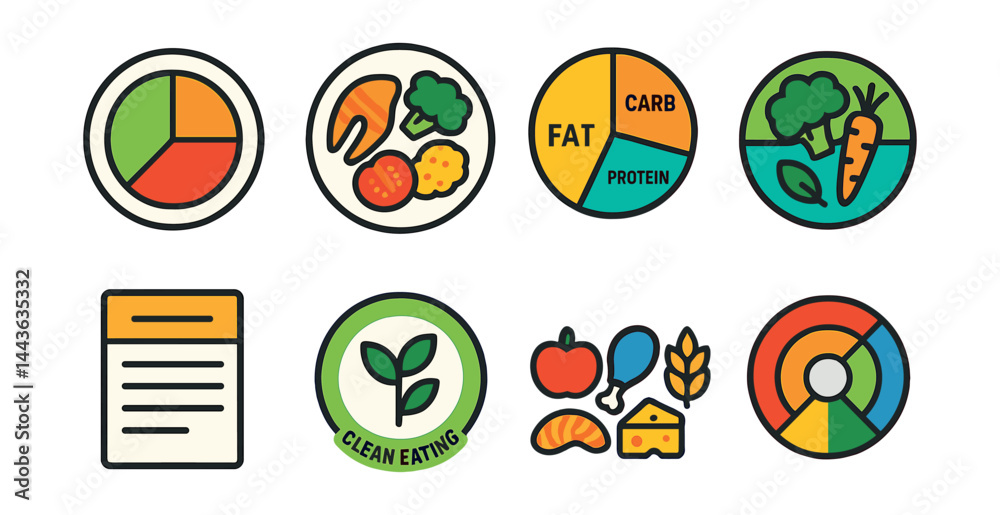 Flat vector icons of balanced meal planning: plate with portions icon, healthy meal template, protein-carb-fat balance chart, vegetable half-plate rule, nutrition label card, rainbow food wheel,