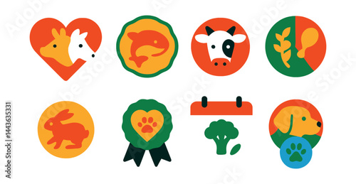 Flat vector icons of animal protection awareness: farm animal heart icon, save the animals badge, dairy-free for cows poster, ethical eating chart, wildlife respect symbol, animal welfare ribbon,
