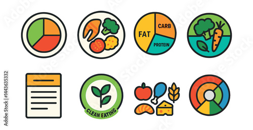 Flat vector icons of balanced meal planning: plate with portions icon, healthy meal template, protein-carb-fat balance chart, vegetable half-plate rule, nutrition label card, rainbow food wheel,
