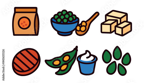 Flat vector icons of vegetarian protein sources: lentils bag icon, peas bowl, chickpeas in spoon, tofu slices, seitan steak symbol, soybeans bundle, Greek yogurt cup, pumpkin seeds.