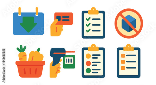 Flat vector icons of keto grocery shopping: keto-friendly aisle sign, label reading icon, ingredient checklist, no sugar added badge, fresh produce basket, label scan tool, shopping list by macros,