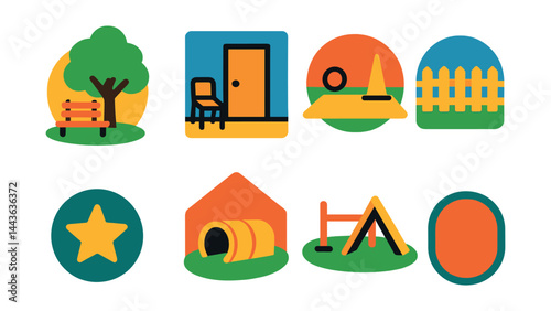 Flat vector icons of training environments: quiet park corner, distraction-free room icon, indoor practice space, fenced outdoor zone, agility course setup, calm atmosphere badge, familiar training