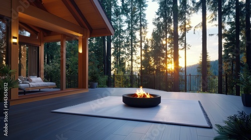 Modern mountain home deck with fire pit at sunset showcasing sleek design and tranquil forest views offering a serene outdoor living space