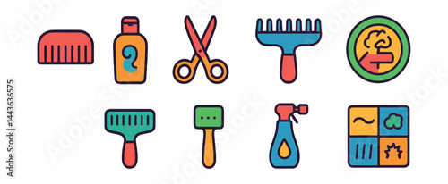 Flat vector icons of grooming care by coat type: short coat comb, curly coat conditioner, long hair trimming icon, double coat rake, wire coat slicker brush, silky hair detangler, mat removal badge,