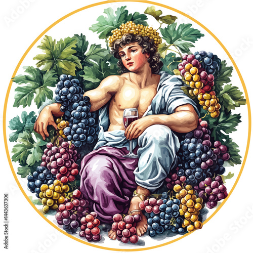 Roman God Bacchus Surrounded By Grapes And Wine, watercolor vector, isolated on a white background.
