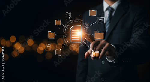 A businessman interacting with digital document and folder icons in a dark bokeh background setting