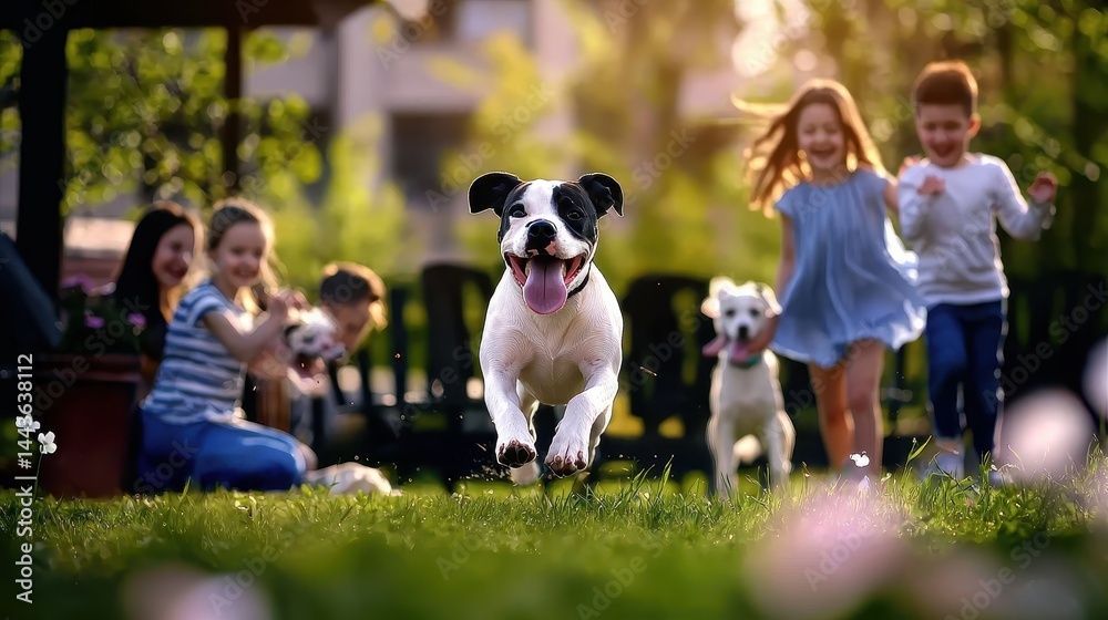 Obraz premium Joyful Children and Playful Dogs in a Sunny Backyard Setting Embracing Summer Fun and Candid Moments of Childlike Delight