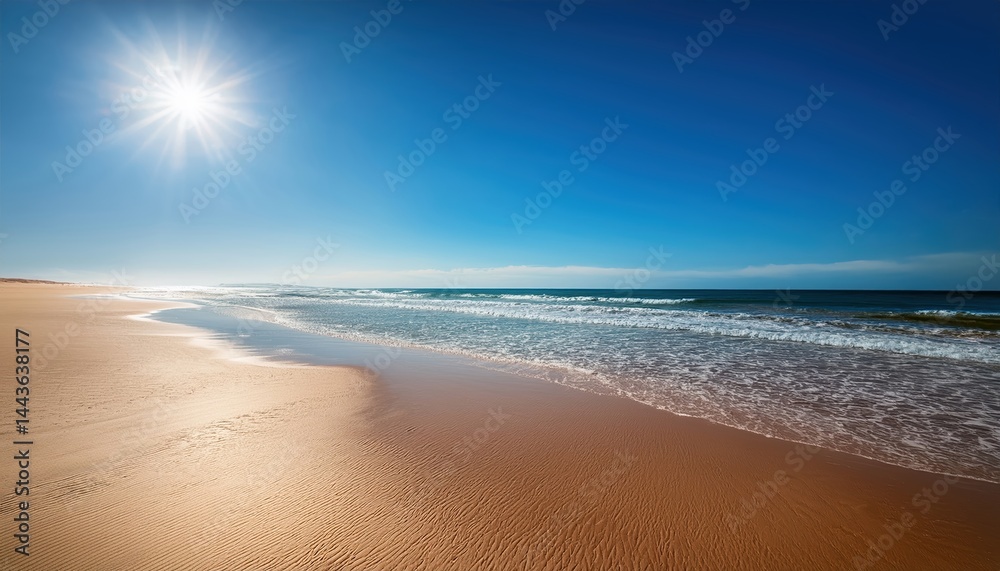 Fototapeta premium Deserted Beach Under Intense Sunlight with Reflecting Sand and Bright Blue Sky and Gentle Waves