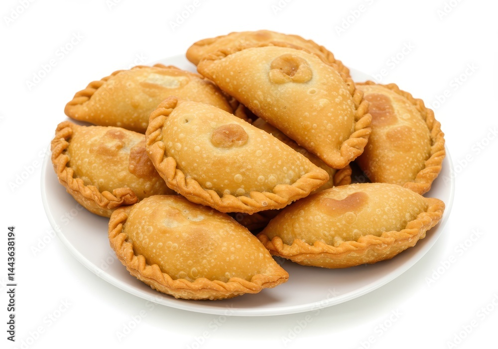 Pile of fried gujiya sweets on a white plate, popular indian dessert Pile of fried gujiya sweets on a white plate, popular indian dessert