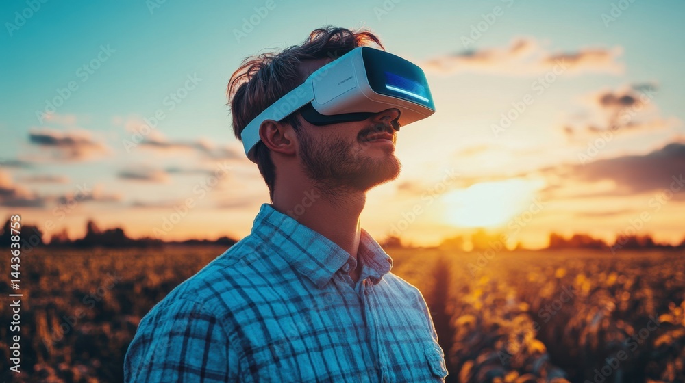 Young man wearing augmented reality glasses standing confidently in a farm setting symbolizing the future of farming and the integration of advanced technology in agriculture Young man wearing augmented reality glasses standing confidently in a farm setting symbolizing the future of farming and the integration of advanced technology in agriculture