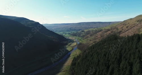 Flying above river Swale in Yorkshire Dales