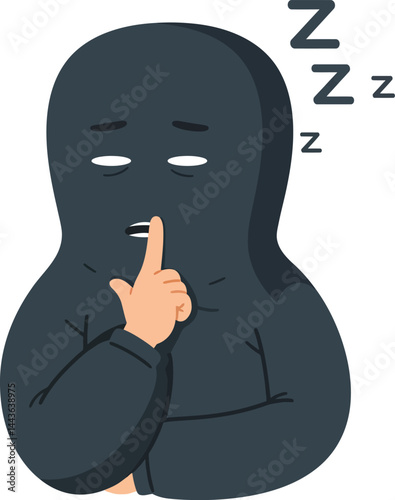 Person in black hoodie making shushing gesture with sleep symbols vector illustration 