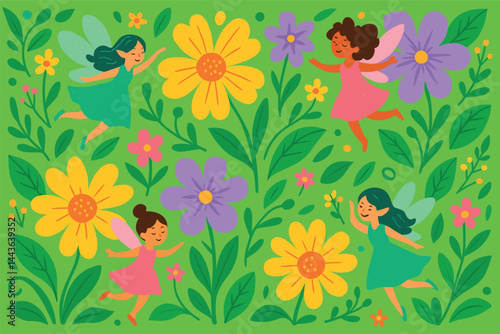 Group of four fairies are flying through a field of flowers