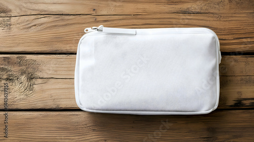 A blank white travel toiletry bag resting on a wooden surface. The side is open for branding. Compact, waterproof, stylish. 