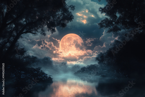 Full moon rising over misty river at night, fantasy landscape