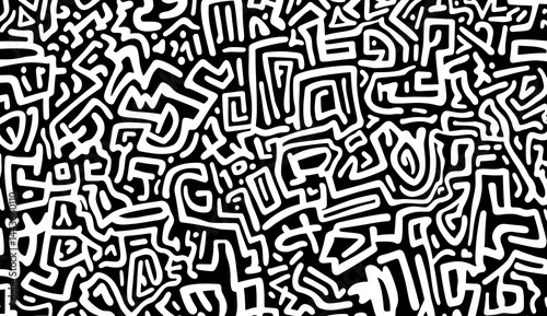 Abstract black and white pattern with intricate maze-like designs.  Intricate, stylized shapes create a complex, textured background