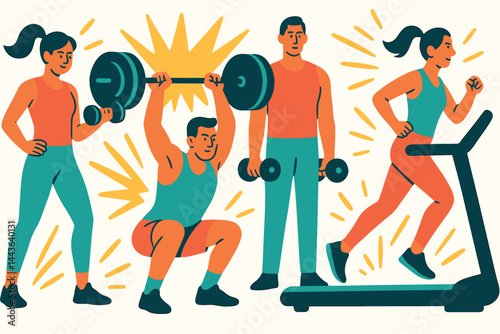 Man is lifting weights while a woman runs on a treadmill